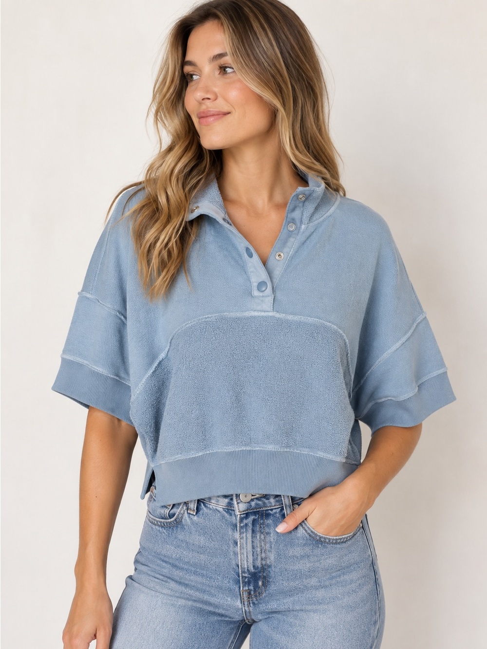 BDG Urban Outfitters Blue Cropped Snap Neck Terry Sweatshirt